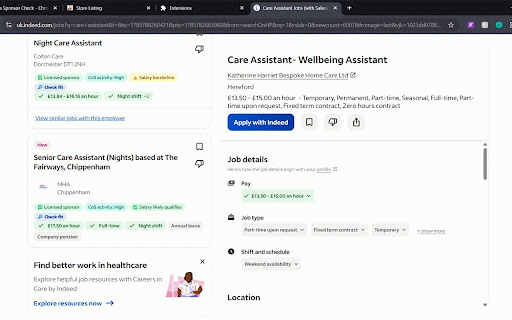VisaAtlas Sponsor Check :: Labels jobs on LinkedIn, Indeed, Reed, Totaljobs and CV-Library with UK sponsor-licence, CoS-activity and salary badges.