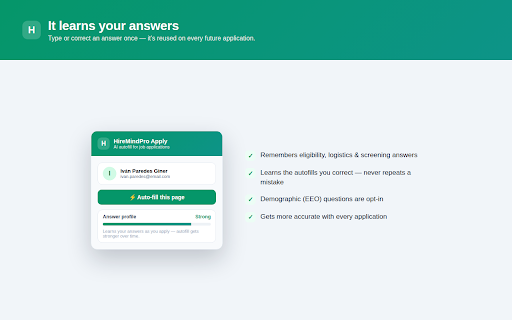 HireMindPro Job Apply Helper :: Auto-fill job applications with AI from your HireMindPro résumé — fields and résumé upload. You review the real form and submit.