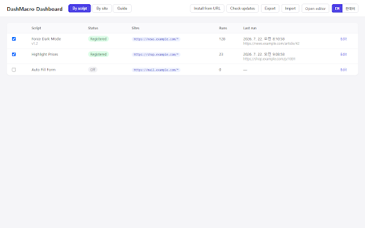 DashMacro – UserScript Manager :: Run your own userscripts automatically on the sites you choose — with a built-in editor, dashboard, and GM_ function support.