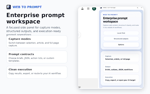 Web To Prompt :: Turn selected web content into structured prompts for summaries, action items, JSON, briefs, and AI workflows.