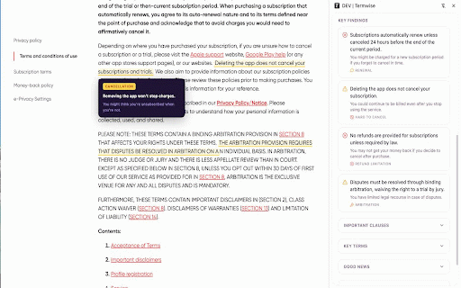 Termwise — AI Terms of Service & Privacy Policy Analyzer :: AI terms of service analyzer. Spot hidden fees, auto-renewals & risky clauses in any agreement or privacy policy before you accept.