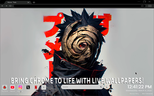 Obito Uchiha with Mask Live Wallpaper :: One of the most epic anime live wallpapers for Chrome – featuring Obito Uchiha’s masked power.