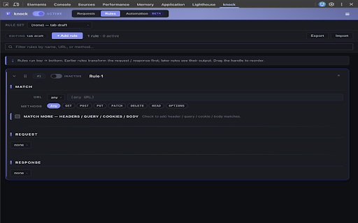 knock :: Intercept, modify, or pause fetch/XHR in any page. Rule-based response overrides, cookie injection, and in-page live editing.