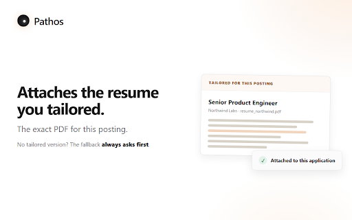 Pathos - Autofill job applications, attach resumes & track :: Autofill applications, attach tailored resumes, draft supported answers, and track each job. You always review and submit.