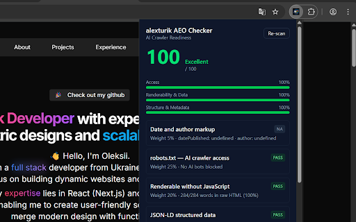 alexturik AEO Checker :: Audit your page for AI crawlers. Every failed check links to a deep-dive explanation. By alexturik.com.