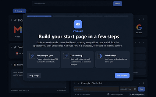 Offline Start Page - Private New Tab :: Offline-first private new-tab dashboard with customizable pages, widgets, local backups, import/export, and optional Chrome Sync.