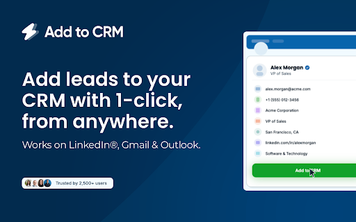 Add to CRM for Salesflare: Free B2B Prospecting Integration :: Find verified emails & phone numbers for any prospect. Add them to Salesflare with 1-click. 220M+ contacts.