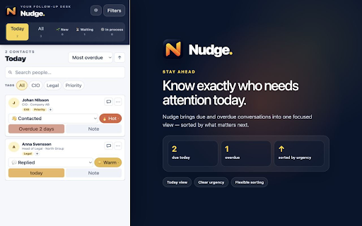 Nudge :: A private, local follow-up desk for LinkedIn Messaging in Chrome's side panel.