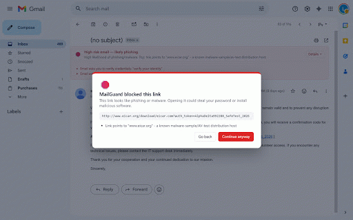 MailGuard - Phishing Detector for Gmail :: Flags phishing and malware in Gmail emails. Real-time checks via Safe Browsing, VirusTotal, and urlscan.