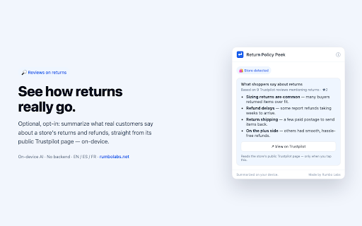 Return Policy Peek :: See any store's return policy in one click, summarized on-device. No login, nothing leaves your browser.