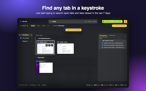 Tabatha: Visual Tab Switcher with Live Previews :: Alt+Tab for Chrome tabs: live previews, instant search and recently closed tabs. Free, private, nothing leaves your computer.