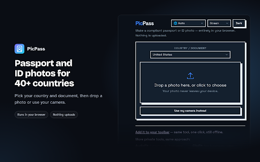 Passport Photo Maker — ID Photos | PicPass :: Make a compliant passport or ID photo right in your browser. No uploads, no watermark, no sign-up.