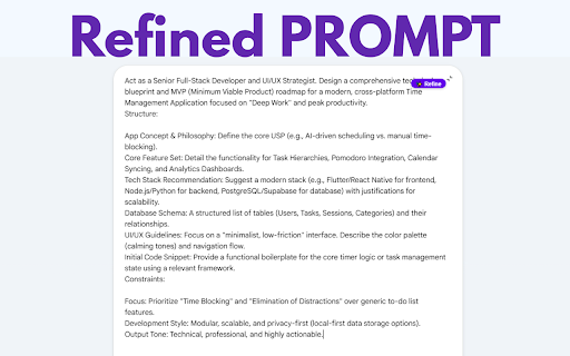 PromptRefine: One-Click Prompt Engineer :: Stop getting generic AI answers from ChatGPT, Gemini & Claude. Instantly optimizes your instructions for better and faster results.