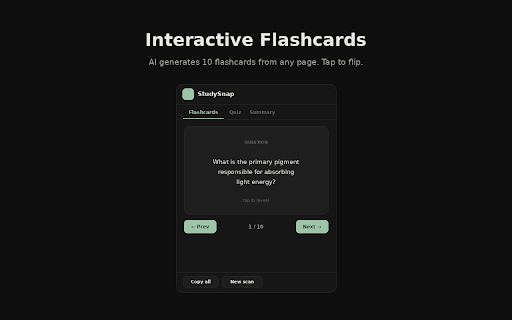 StudySnap — AI Study Guide Generator :: Scan any webpage and instantly generate flashcards, quizzes, and study guides using AI.
