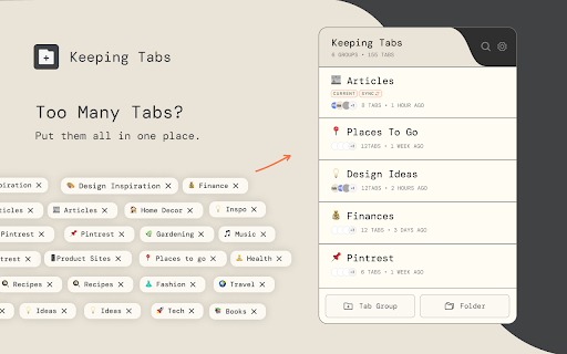 Keeping Tabs :: Love Chrome's tab groups? Give them a home. Organize them into folders behind one button and keep your browser bar clean.