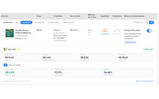 Vellore Tax :: Calculadora de margem para produtos do Mercado Livre.
