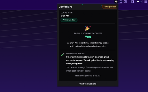 CoffeeBro - Perfect Coffee Timing :: Know the perfect time to drink coffee based on circadian science. Get recommendations for optimal caffeine timing.