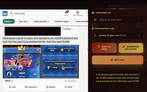 Summar-AI :: Uses AI to summarize long sets of text on a page with different explanation levels.
