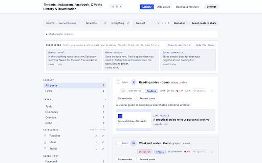 Threads, Instagram, Facebook, X Posts Library & Downloader :: Save Threads, Instagram, Facebook and X posts. Search offline, back up your library, and download media, including Patreon.