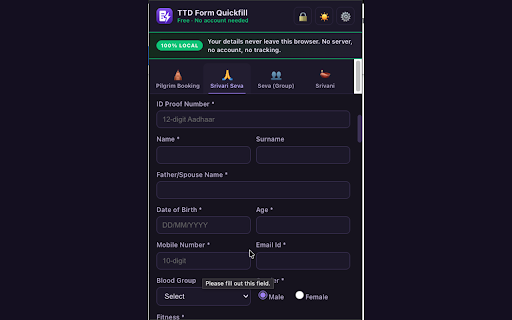 TTD Auto Fill – Form Quickfill :: TTD form fill for saved pilgrim details. One click fills, continues and opens payment on supported booking pages.