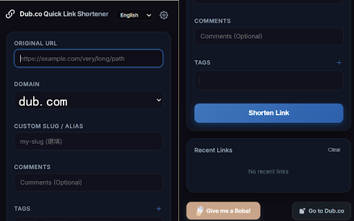 Dub.co Quick Link Shortener - 快速縮址小工具 :: 一鍵縮短當前網頁網址,支援自訂網域、標籤與點擊數追蹤。A simple and fast Dub.co link shortener.