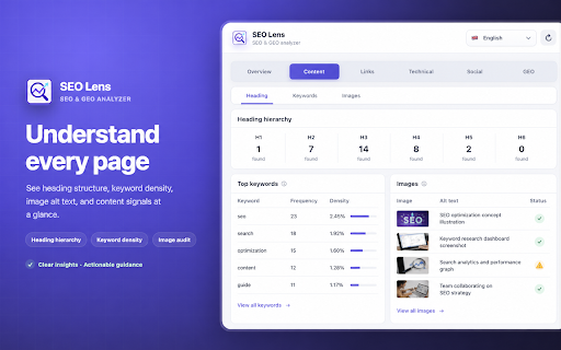 SEO Lens: On-Page SEO, GEO & AI Crawler Checker :: Local SEO, GEO, broken-link and pixel audit for metadata, content, schema, social previews and AI crawlers. No data upload.