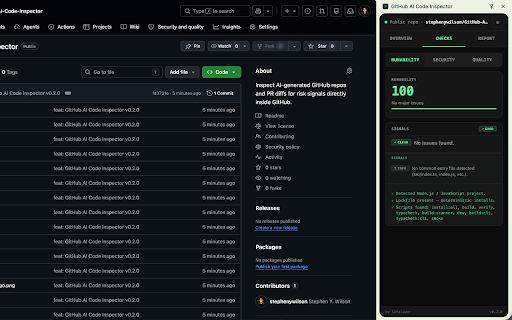 GitHub AI Code Inspector :: Chrome side panel for inspecting AI-generated GitHub repos, PRs, and files. Workflow, Unicode, command, package, MCP risk.