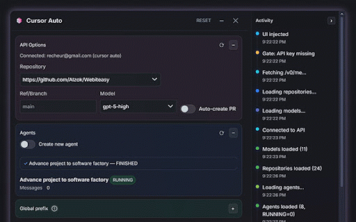 Cursor Auto :: Automate prompt sequences on Cursor agents with a simple Start/Stop UI.
