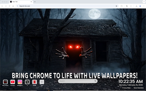 Glowing Eyes Horror House Haunted Cabin Live Wallpaper :: A haunted house in a dark forest delivers horror energy to your Chrome new tab.