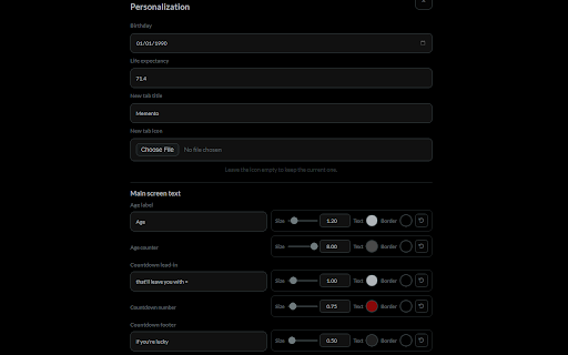 Memento :: A minimal new tab page for age and life countdown, customizable to your need to keep you motivated.