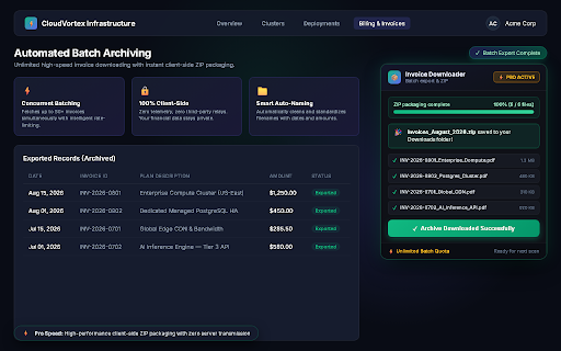 Invoice Batch Downloader :: Scan, select, and batch-download invoices from any billing dashboard as a single ZIP archive.