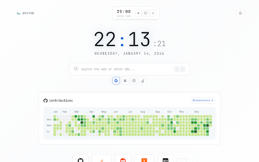 DevTab - GitHub Contributions Dashboard :: A beautiful, techy new tab with GitHub contributions, pomodoro timer, and customizable backgrounds