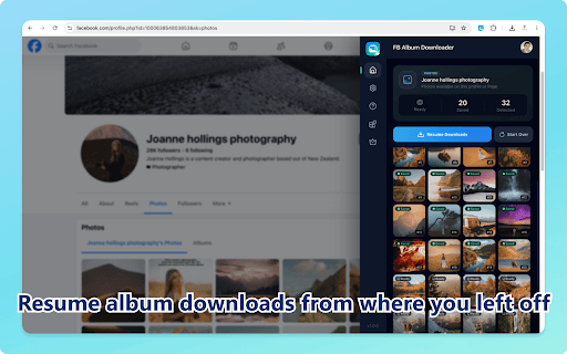 Photo & Album Downloader - FB Photo Backup Tool :: Back up Facebook photos and albums from profiles, Pages, and groups. Bulk download original-quality images for easy offline access.