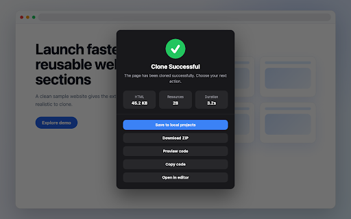 CloneWebsite - Pixel Perfect Page Cloner :: Clone webpages pixel-perfect. Extract HTML, CSS, images, fonts & JS to ZIP. Convert clones to React/Vue with Magic Paste.