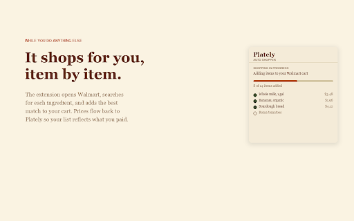 Plately Auto Shopper :: Auto-fill your Walmart and Amazon carts, and save specific products to your Plately catalog with one click.