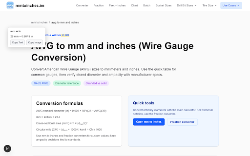 MM↔IN Converter :: Convert millimeters and inches quickly via popup and context menu.