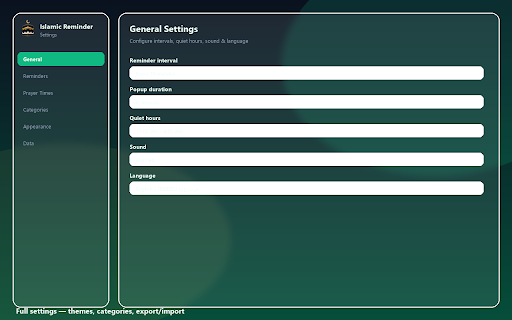 Islamic Reminder :: Beautiful glassmorphism Islamic reminders — dhikr, dua, Quran, prayer times, and custom reminders with scheduled popups.