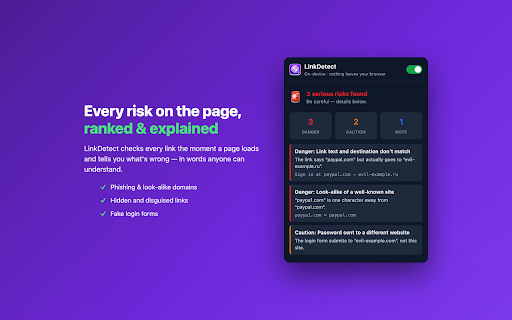 LinkDetect — Private Phishing & Link Scanner :: Understand suspicious links before you click. Free on-device checks, clear explanations, no accounts, no tracking.