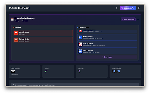 Referly - LinkedIn Referral Tracker :: One-click LinkedIn referral tracking. Save profiles, track outreach, set follow-up reminders. Pro free for a limited time!
