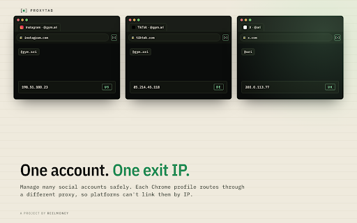 ProxyTab — Proxy Manager & Switcher :: Proxy manager and switcher for Chrome. Pick a proxy per site, with bypass. SOCKS5, HTTP, Tailscale, WireGuard.