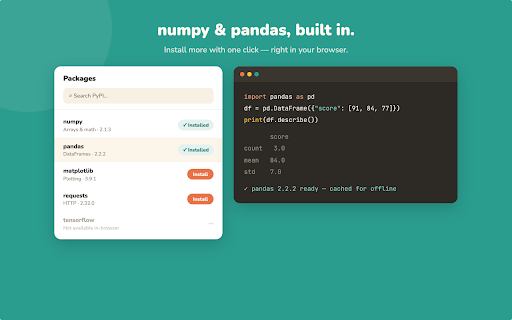 Python Shell — Run & Learn Python: Compiler & IDE :: Python compiler, IDE and interpreter in your browser. Learn Python by running it — offline, with numpy, pandas and turtle.