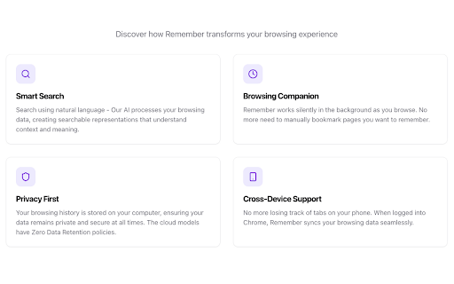 Remember: Never lose anything again :: Ask naturally, find instantly. Intuitively search your browsing history content with AI