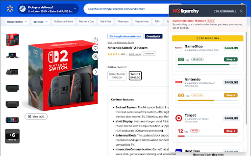 NOligarchy :: Shop without bankrolling political power and influence. Works on Amazon, Walmart & Target.