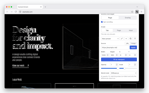 Difframe :: Overlay reference sites and Figma prototypes on your page as a live iframe — a pixel-perfect comparison tool.