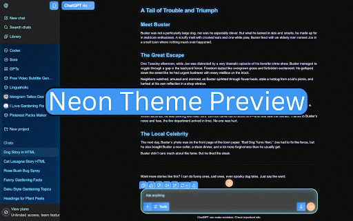 Custom Themes for ChatGPT - Skins, Dark Mode & UI Styles :: 14 Free + 7 Premium ChatGPT Themes with Dark Theme focus. ChatGPT Style, Skins, UI optimizer. Easy theme change.