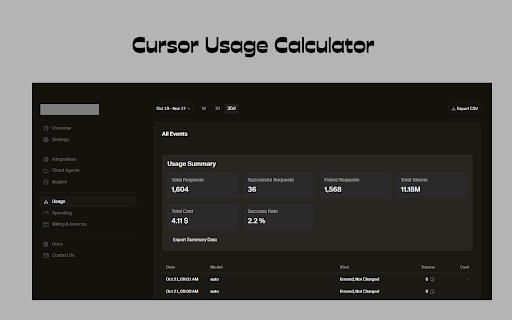 Cursor Usage Calculator :: Calculate total requests, tokens and costs on Cursor dashboard
