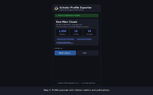 Scholar Profile Exporter :: Scholar Profile Exporter — Export Google Scholar profiles to DOCX or CSV. By Chuah Kee Man.
