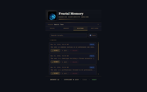 Fractal Memory — AI Memory That Crosses Every Platform :: Carry your AI conversation context across Claude, ChatGPT, Gemini, and Grok. The only extension that moves memory between AIs.