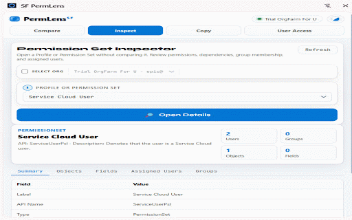 SF PermLens :: Compare, inspect, copy, and manage Salesforce permissions from a Chrome side panel.