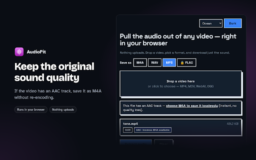 Extract Audio from Video to MP3 | AudioFit :: Pull the audio out of any video, or convert WAV and M4A files to MP3 — all on your device. No upload, no account.